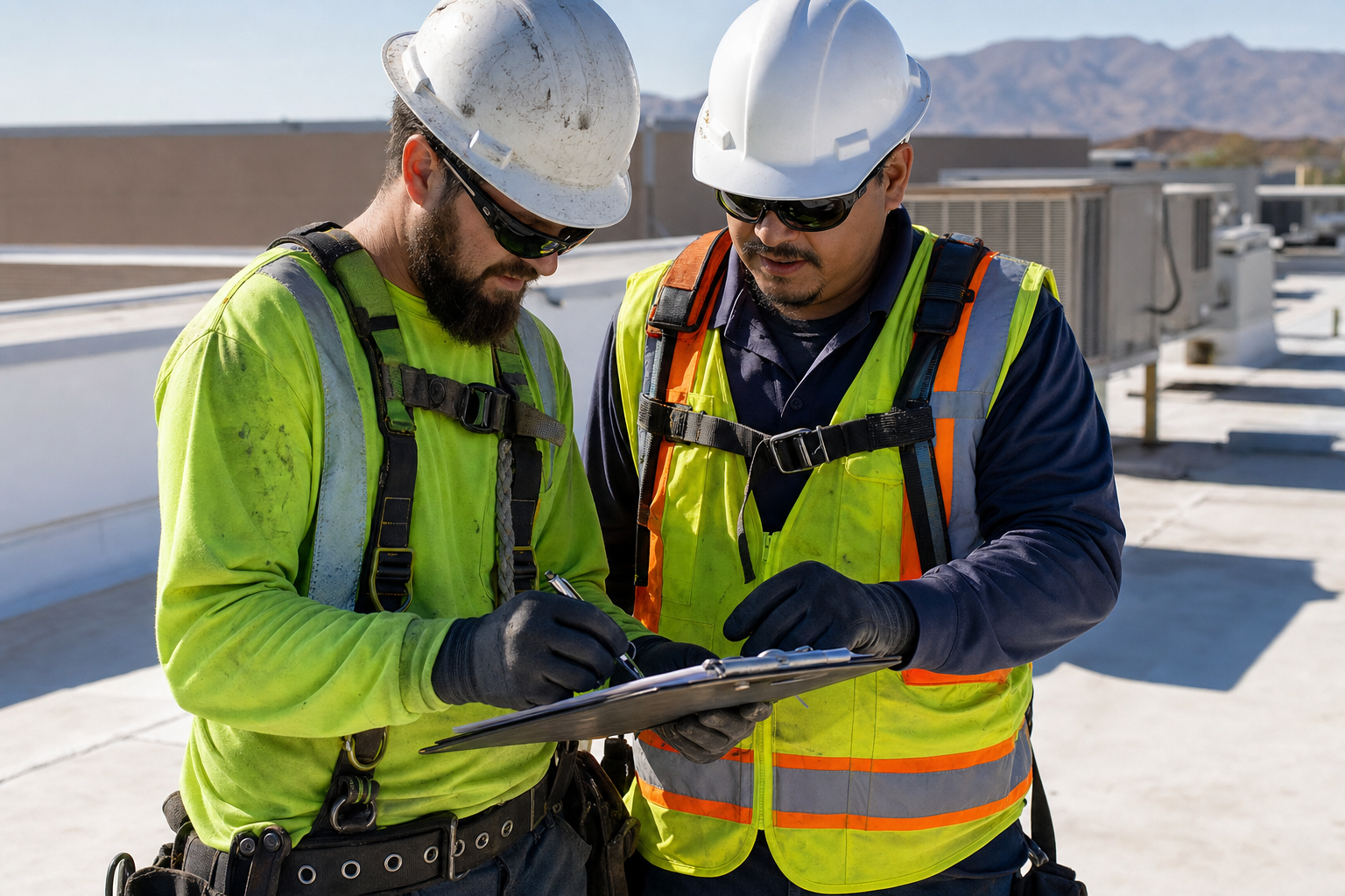 Arizona roofing contractor and safety manager reviewing a hot work permit and fire watch checklist on a commercial roof.