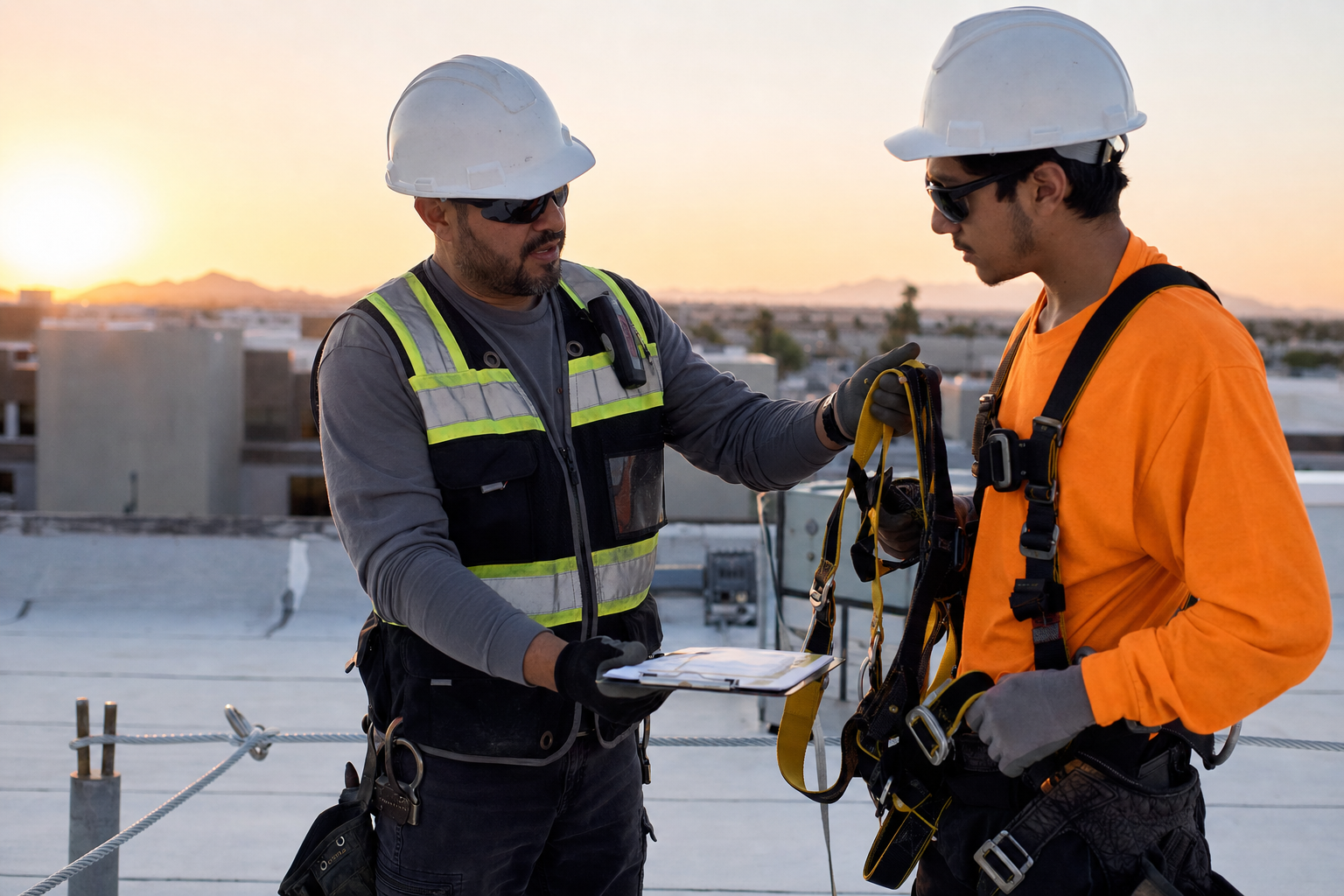 Arizona roofing crew leader onboarding a new worker on a commercial roof at sunrise with a safety checklist and harness.