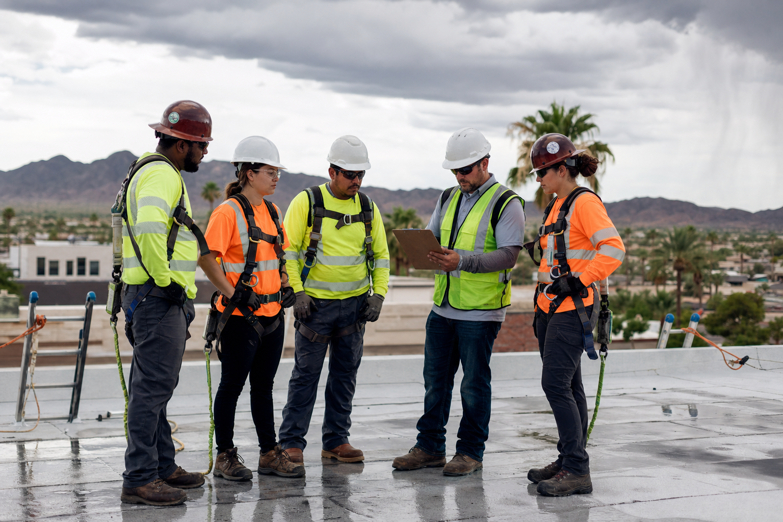 Arizona roofing crew on a commercial roof after a monsoon storm reviewing a safety checklist with secured ladders and harnesses.