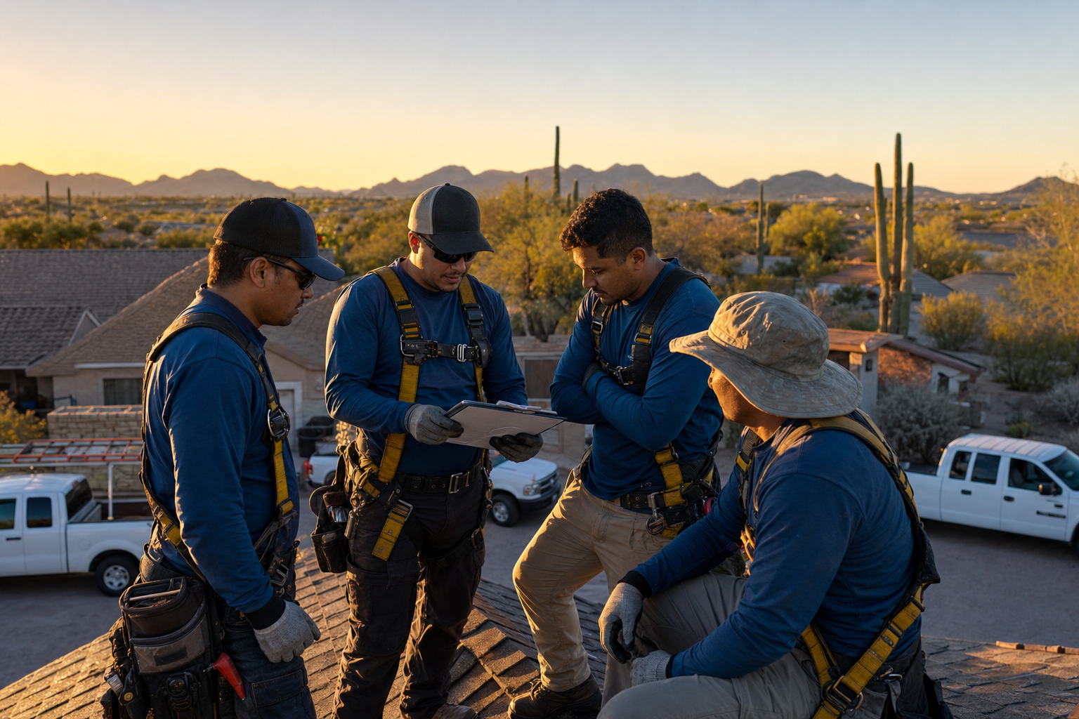 Arizona roofing crew in safety harnesses reviewing workers compensation and return-to-work paperwork on a residential roof in Queen Creek at sunrise, with white work trucks parked on the street below and desert mountains and saguaros in the background.