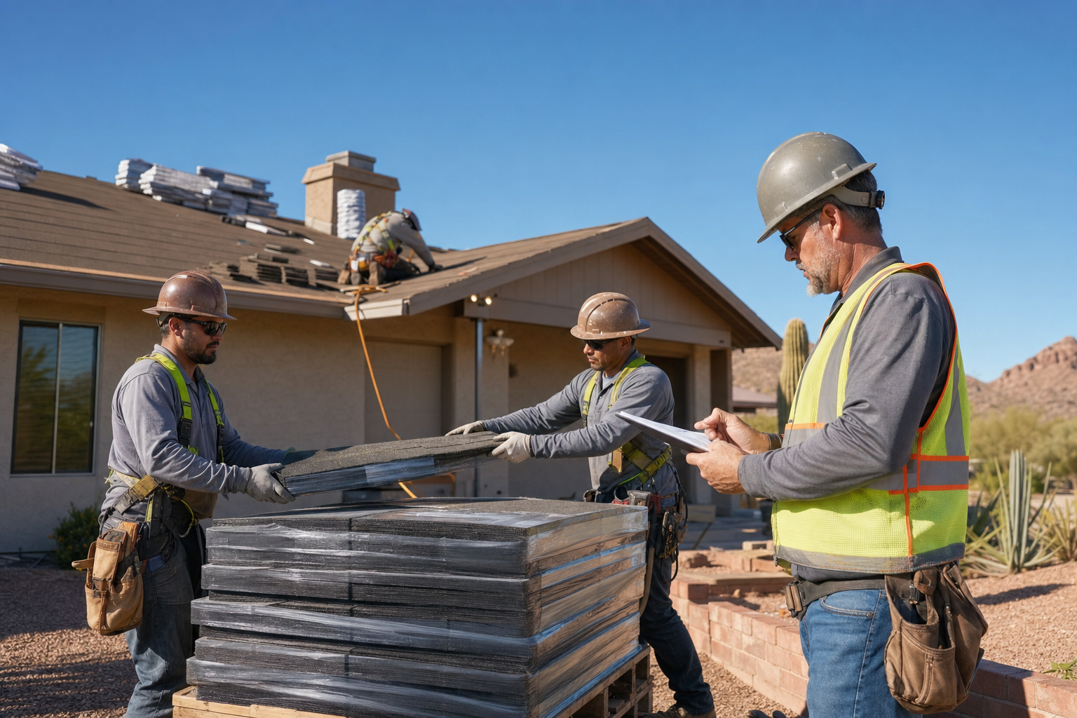 Arizona roofing crew carefully staging shingle bundles at a residential jobsite while a supervisor reviews a safety checklist in bright desert light.