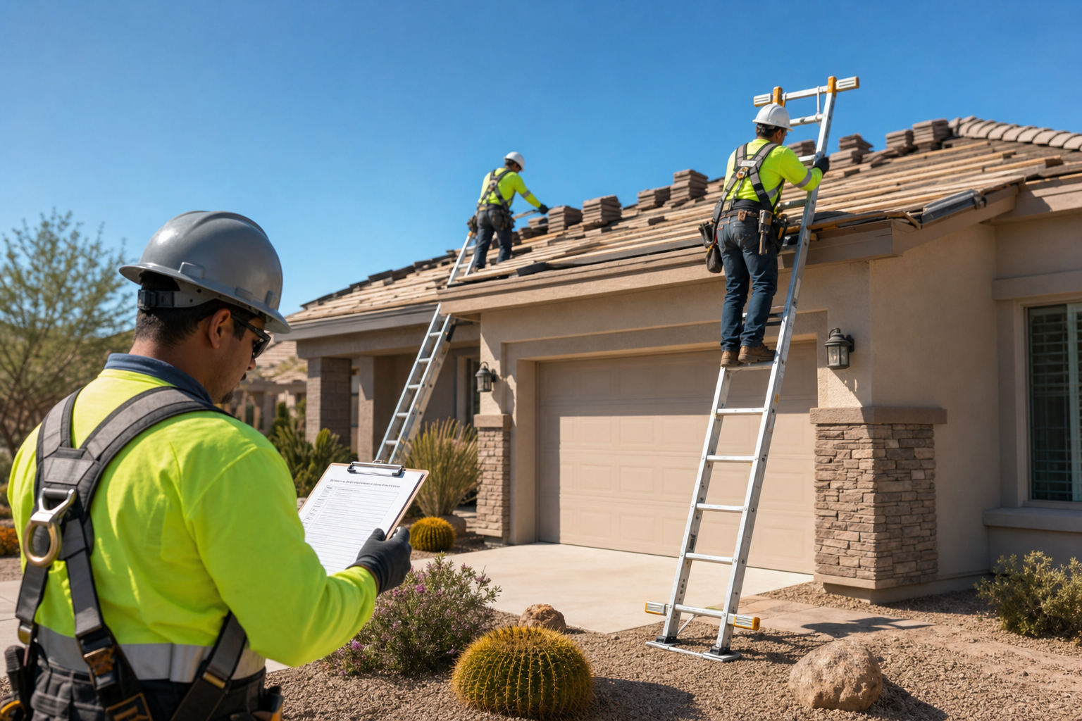 Arizona roofing supervisor reviewing a ladder safety checklist with a crew at a residential jobsite in bright desert light.