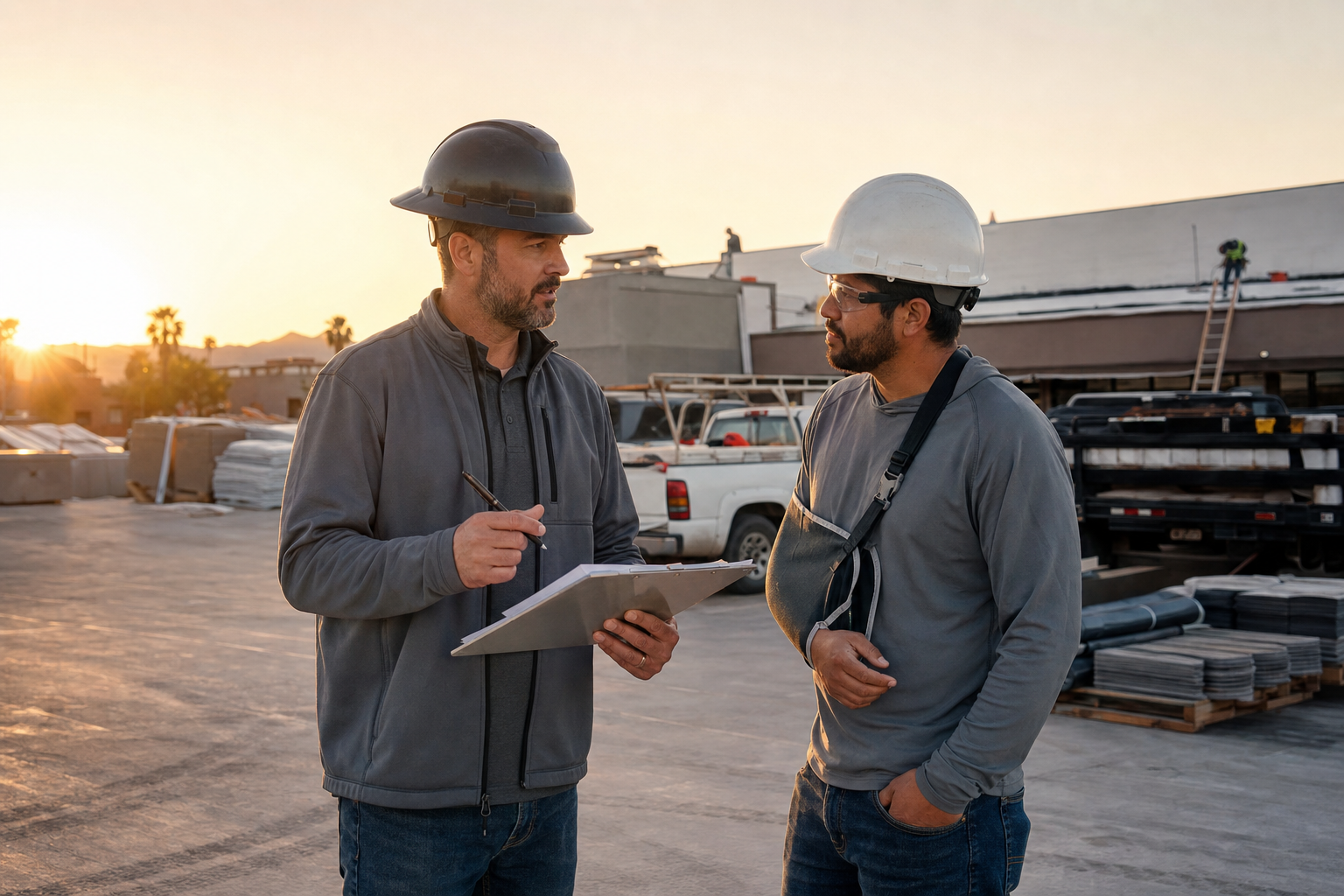 Arizona roofing crew leader reviewing a return-to-work safety plan with a light-duty employee near work trucks at sunrise.