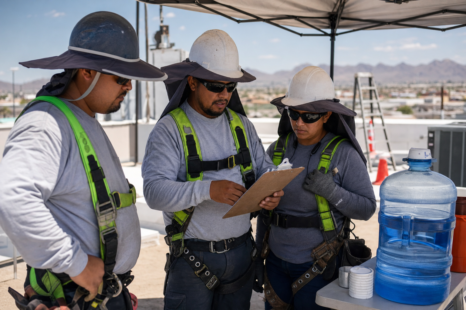 Arizona roofing crew on a commercial rooftop reviewing a heat safety and hydration checklist with water and shade visible.