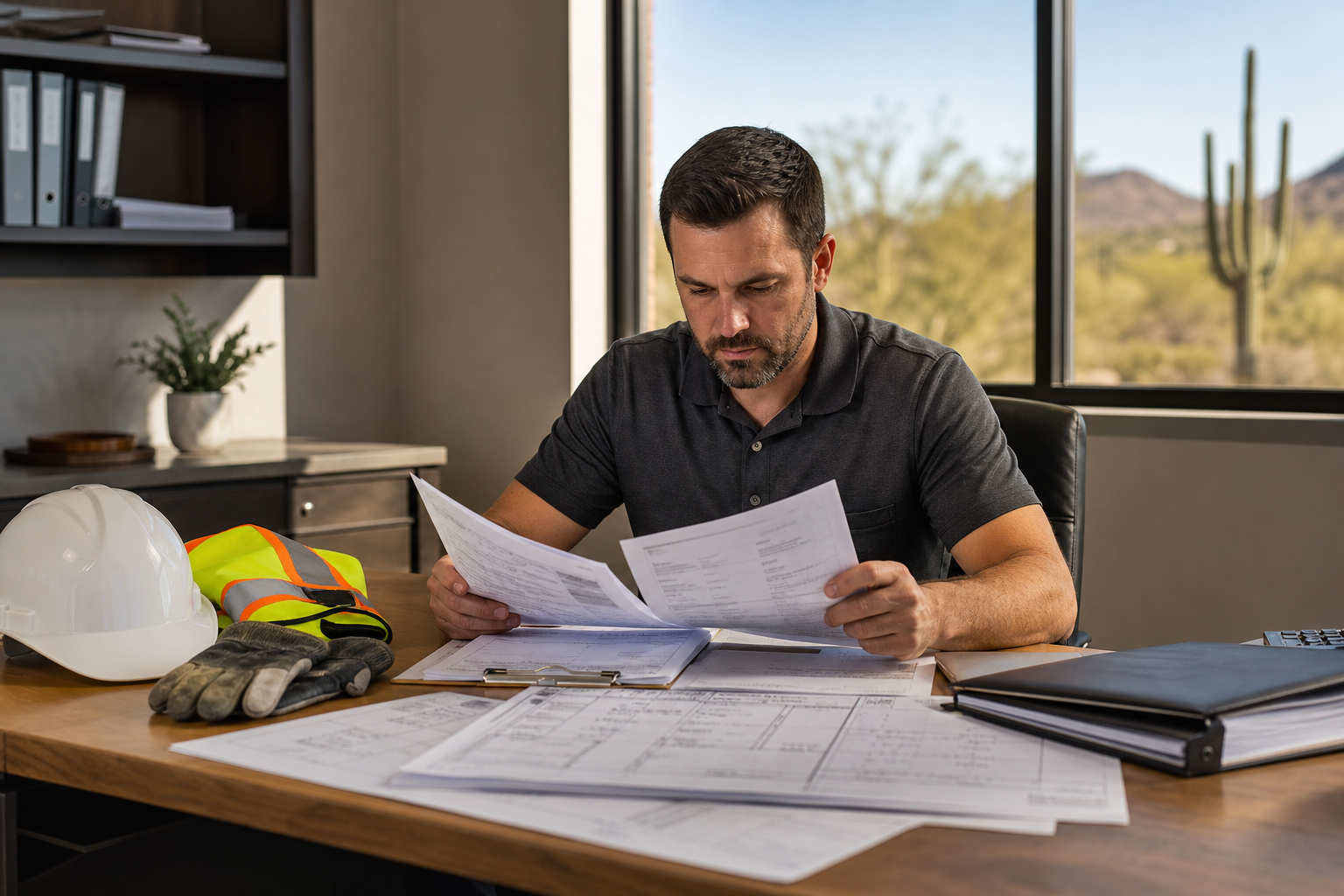 Arizona roofing contractor reviewing payroll reports, workers compensation documents, and subcontractor certificates in an office.