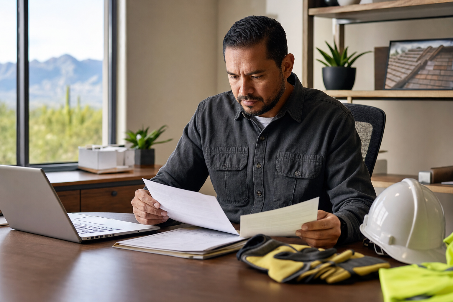 Arizona roofing contractor reviewing workers compensation audit documents, payroll reports, and subcontractor certificates in a bright office.