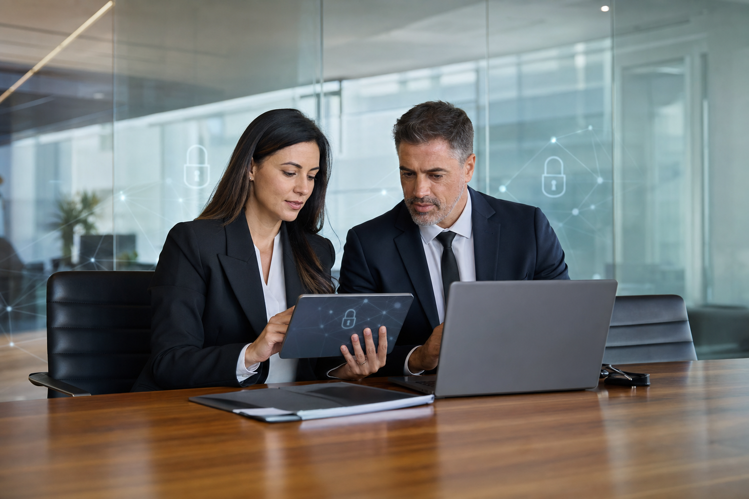 Attorneys reviewing a secure client portal on a laptop and tablet in a modern law firm conference room with subtle cybersecurity visuals.