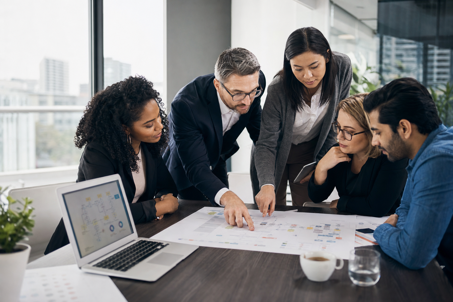 Business consultants reviewing AI automation workflows, dashboards, and client process maps in a modern office.