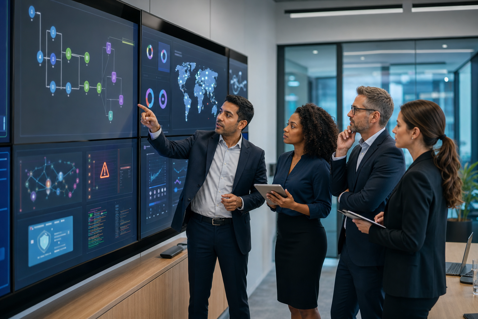 Business consultants reviewing shared-drive permissions, client folders, and cybersecurity alerts on large screens in a modern office.