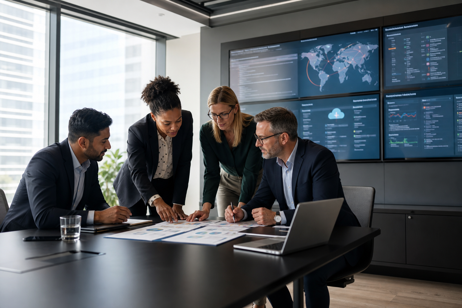 Business consultants in a modern office reviewing data migration maps, cloud dashboards, and risk planning documents on large screens.