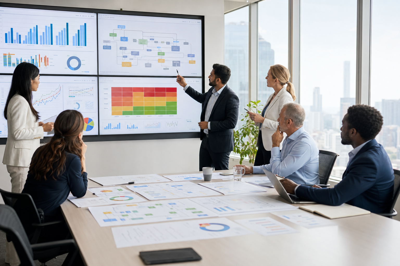 Business consultants reviewing KPI dashboards, workflow diagrams, and risk planning documents in a modern office.