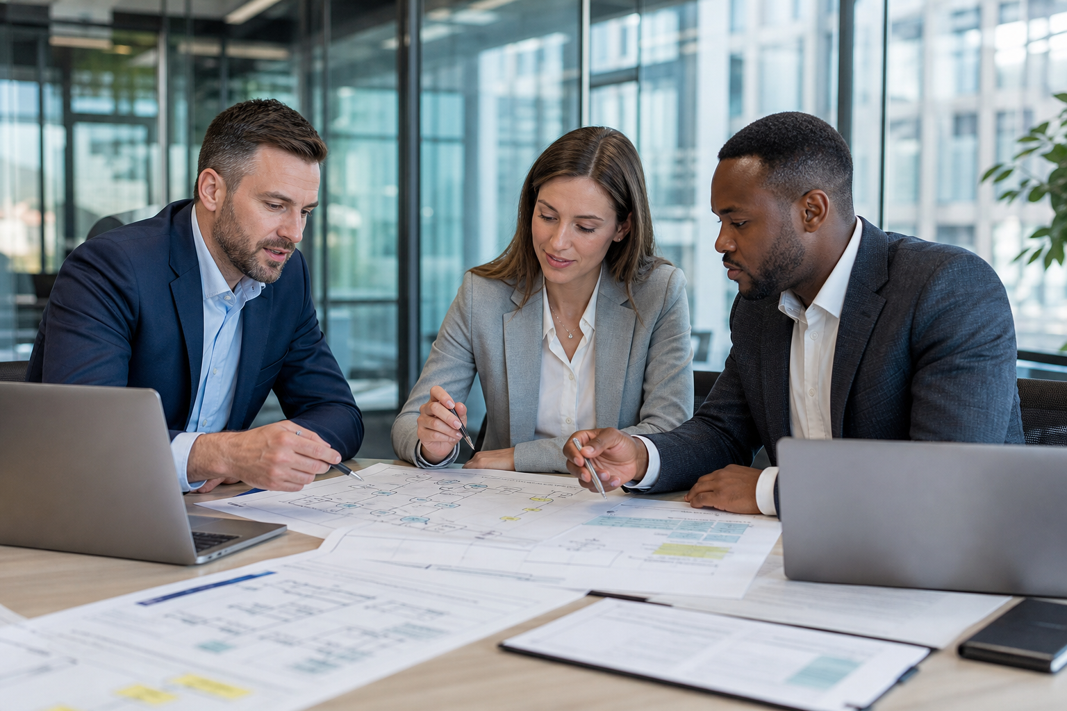 Business consultants reviewing client system diagrams, automation workflows, and Technology E&O insurance documents in a modern office.