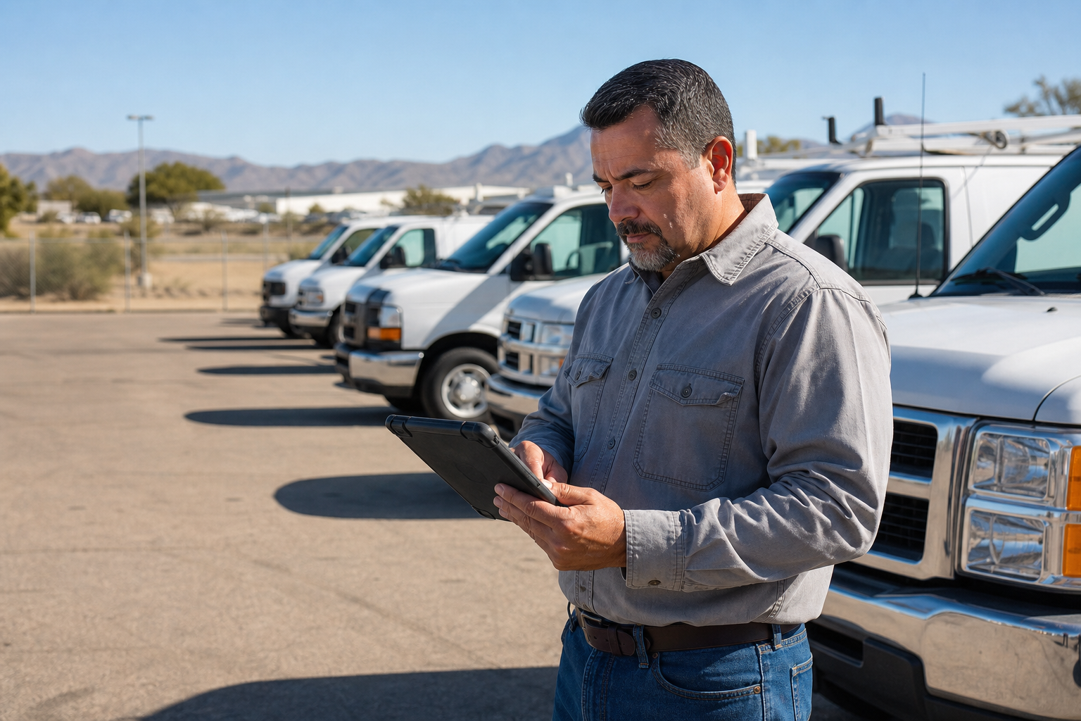 Contractor fleet manager reviewing driver records and vehicle inspection reports beside white work trucks and vans in an Arizona yard.
