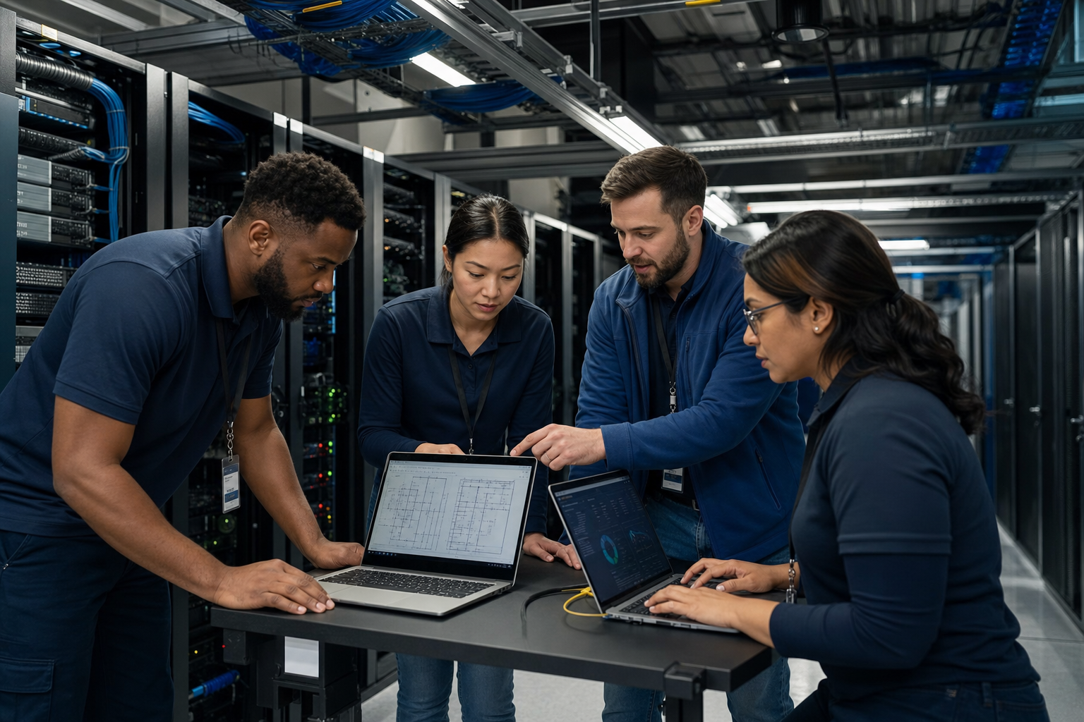 Data center contractor team reviewing network cutover plans and cybersecurity dashboards in a server room.