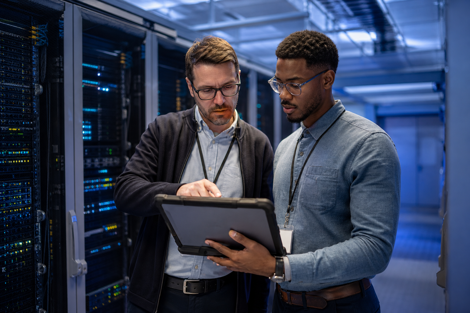 Data center contractor reviewing remote monitoring dashboards and cybersecurity alerts in a server room.
