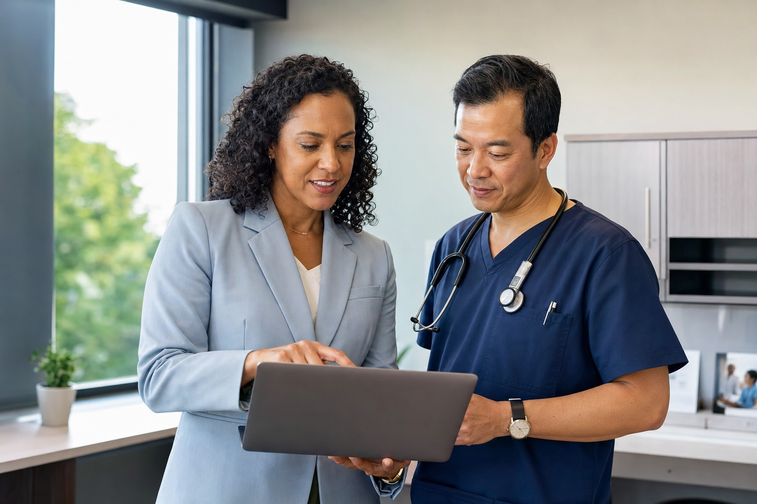Healthcare administrator and clinician reviewing a secure online scheduling system and cybersecurity checklist in a modern medical office.