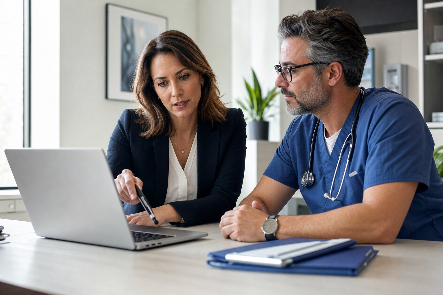 Healthcare administrator and clinician reviewing a secure patient portal dashboard and cybersecurity checklist on a laptop in a modern medical office.