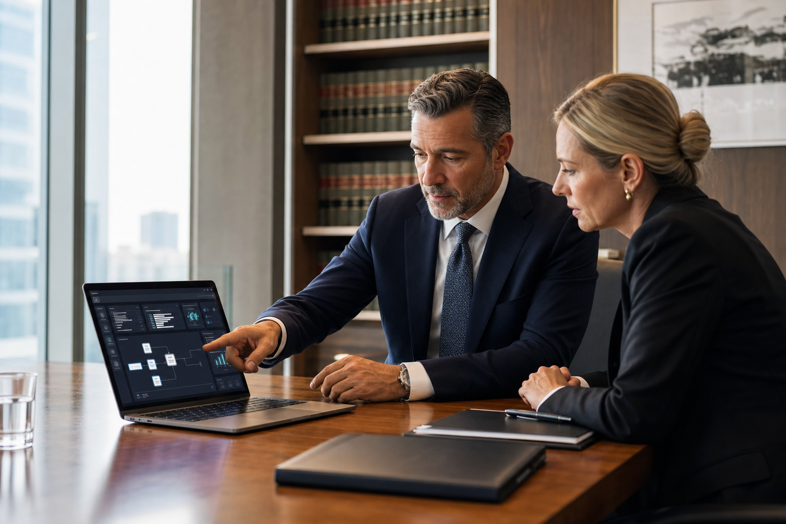 Law firm partners reviewing a secure client intake chatbot workflow on a laptop in a modern conference room with cybersecurity visuals.