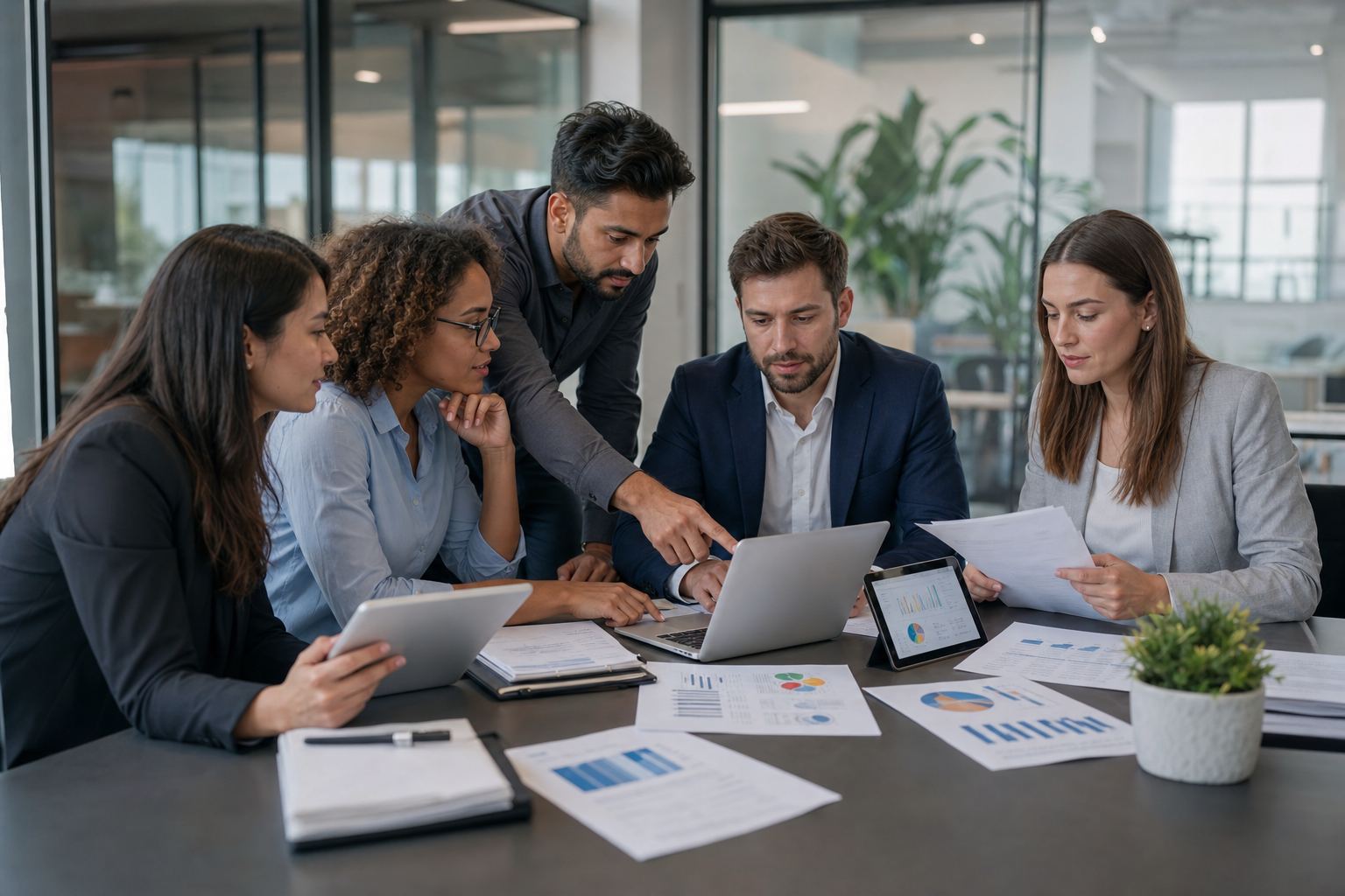 Lead generation agency team reviewing call tracking dashboards, CRM reports, and compliance checklists in a modern office.