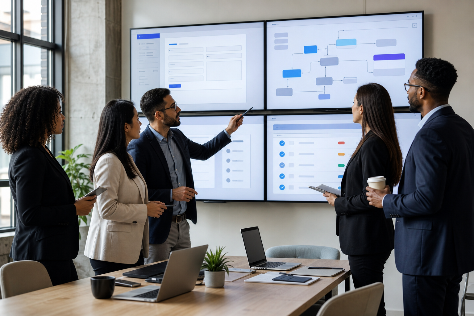 Marketing agency team reviewing website intake forms, CRM workflows, and compliance checklists on large screens in a modern office.