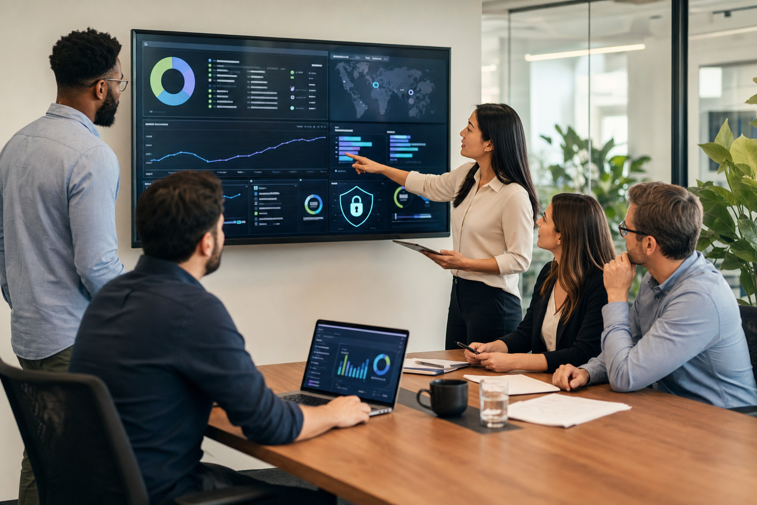 Lead generation agency team reviewing third-party data sources, CRM dashboards, and cybersecurity controls in a modern office.