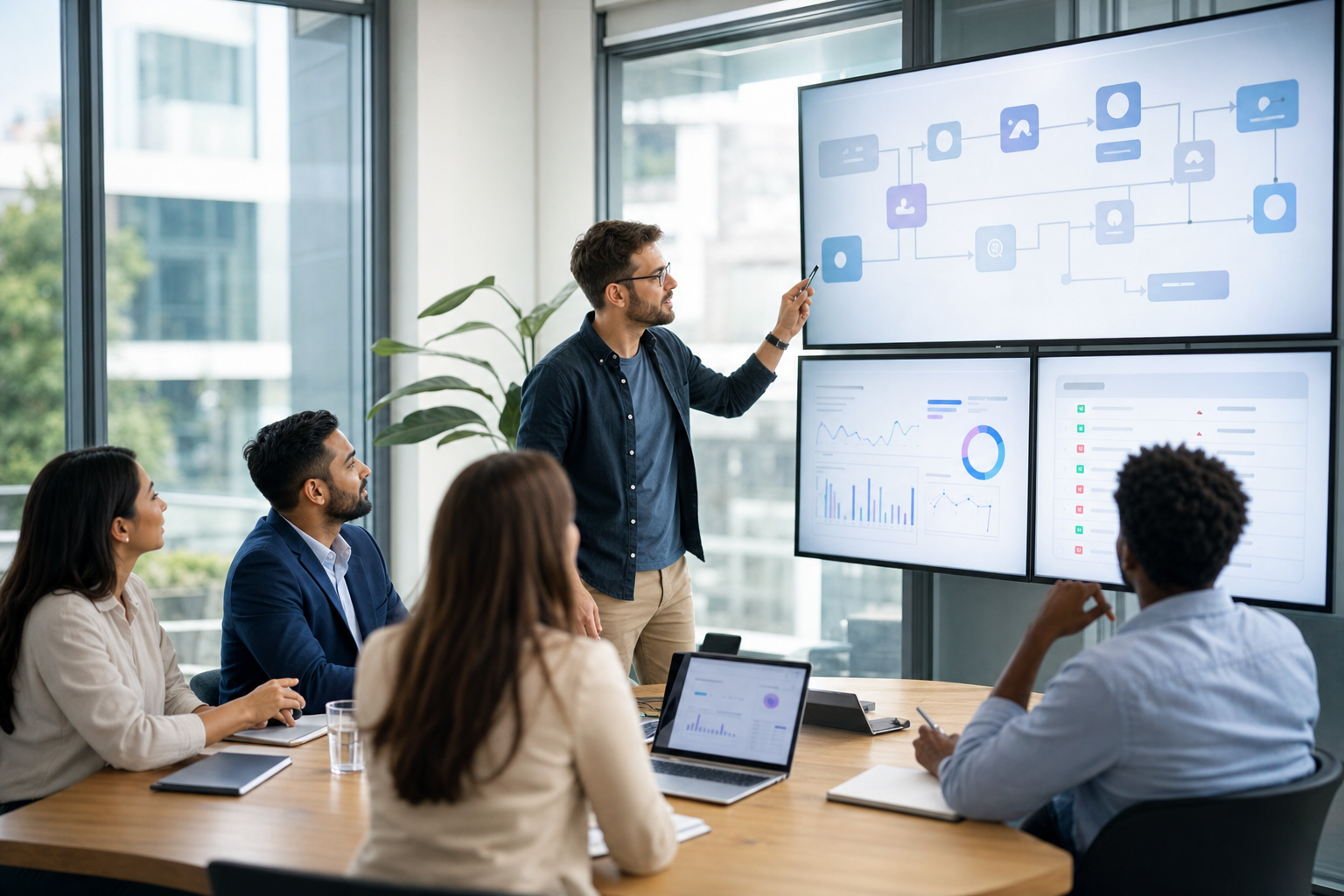 Marketing agency team reviewing AI content workflows, campaign dashboards, and risk checklists in a modern office.