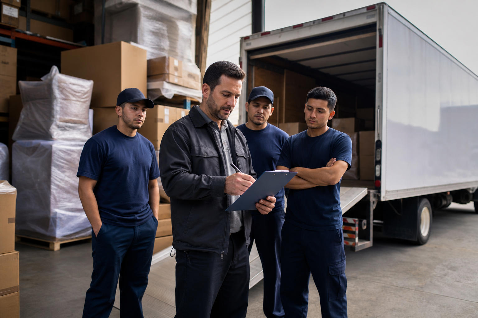 Moving company owner reviewing an insurance checklist near a box truck, cargo inventory clipboard, and warehouse staging area.