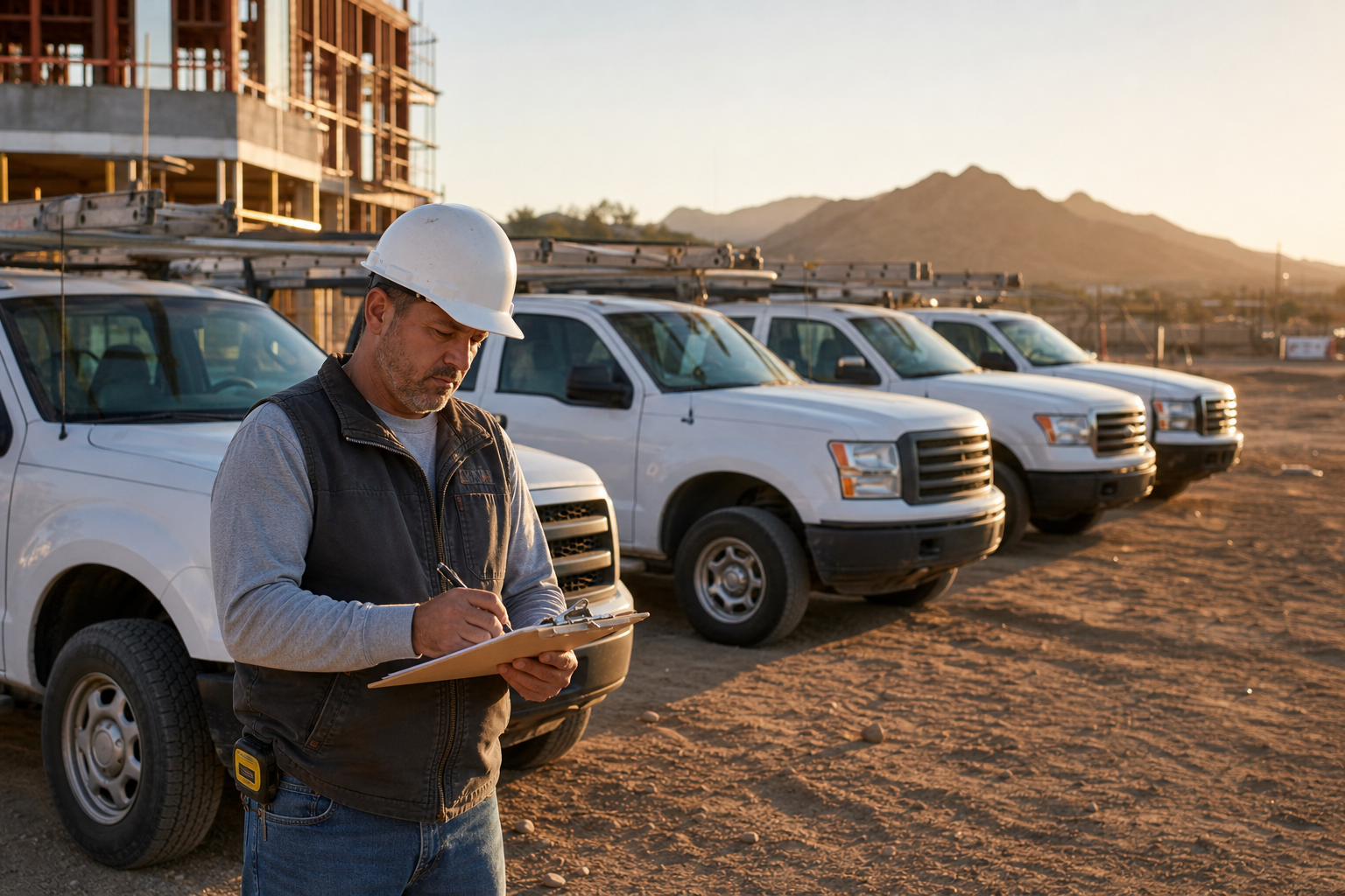 Row of white contractor pickup trucks with ladder racks parked at a Phoenix commercial job site at golden hour while a foreman reviews a fleet safety and insurance checklist on a clipboard, with desert mountains in the distance.