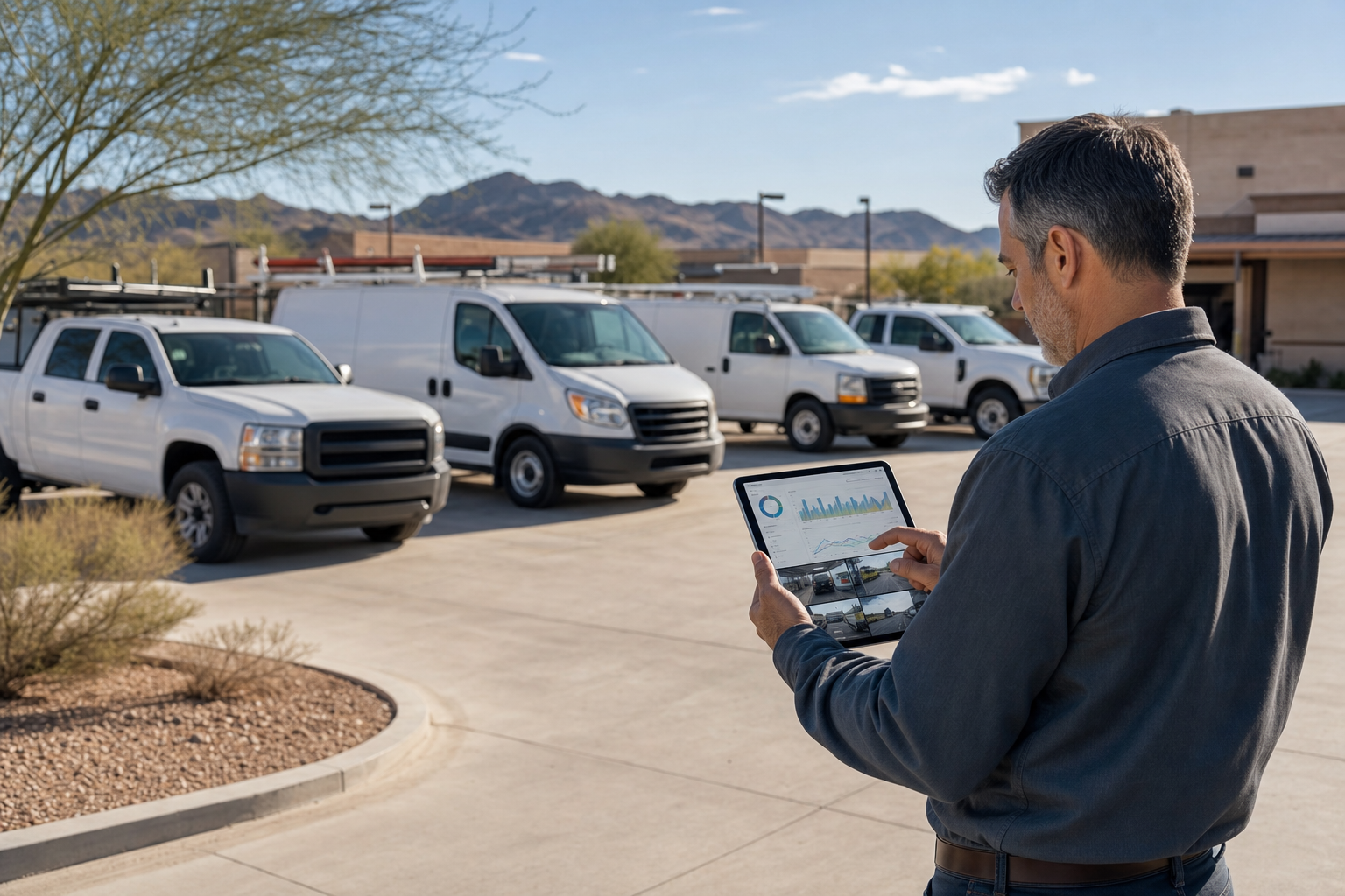 Contractor fleet manager reviewing telematics data and dash cam footage beside white work trucks and vans in an Arizona yard.