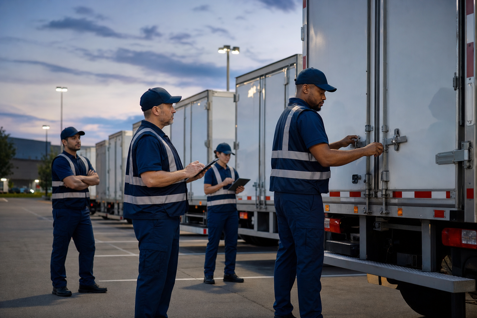 Professional moving crew and fleet supervisor checking truck locks, inventory sheets, and secure overnight parking around moving trucks at dusk.