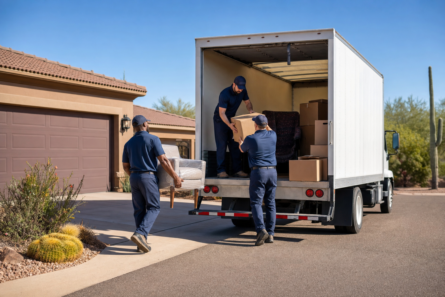 Professional moving crew loading a branded box truck in an Arizona neighborhood with desert landscaping