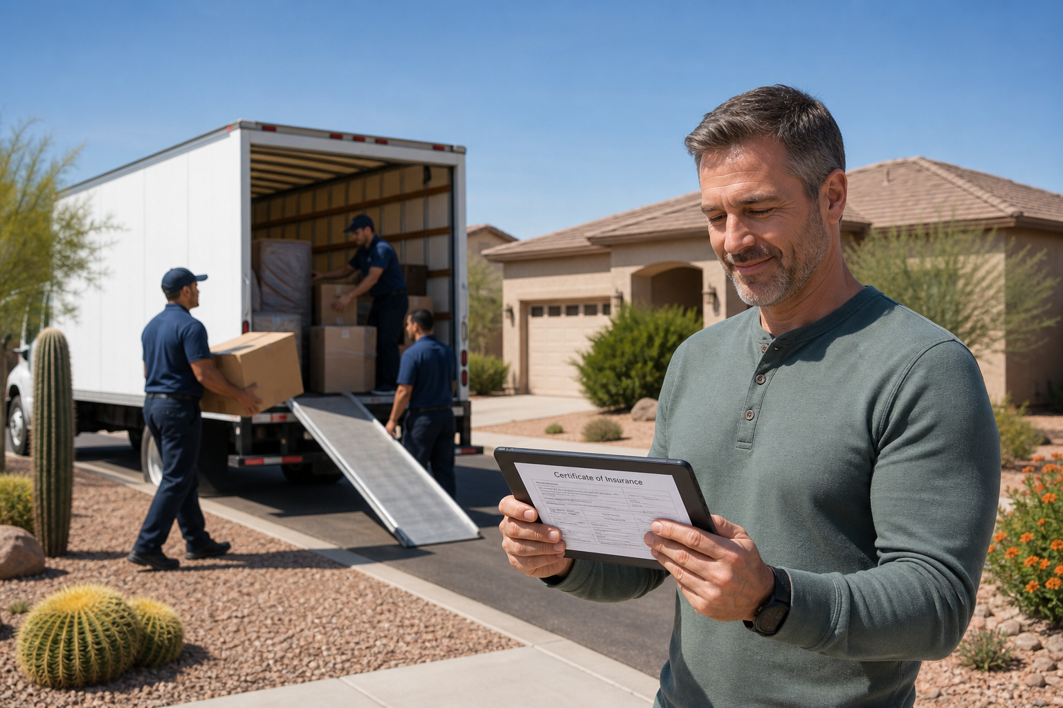 Professional moving crew loading a branded box truck in an Arizona suburban neighborhood while the owner reviews a certificate of insurance on a tablet, with desert landscaping and a clear blue sky.