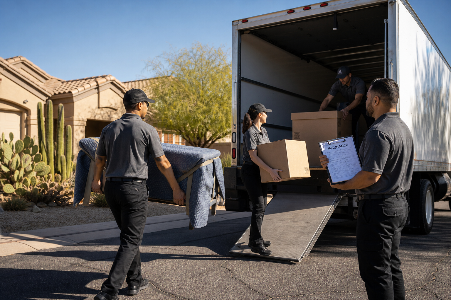 Professional moving crew loading a branded box truck in an Arizona suburban neighborhood while the owner reviews a certificate of insurance on a tablet, with desert landscaping and a clear blue sky.