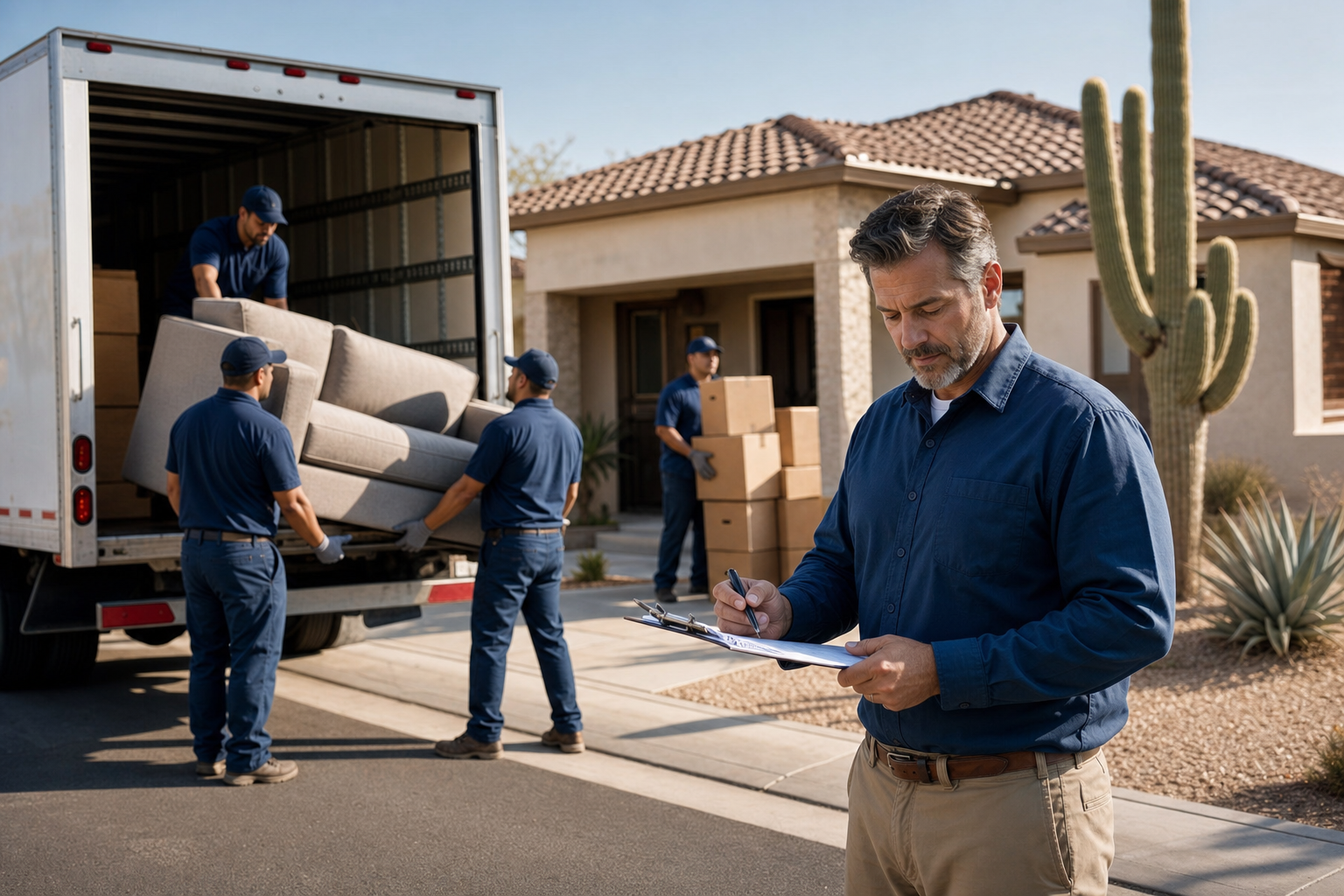 Professional Arizona moving company crew loading furniture into a box truck while the owner reviews cargo insurance and inventory paperwork on a clipboard.