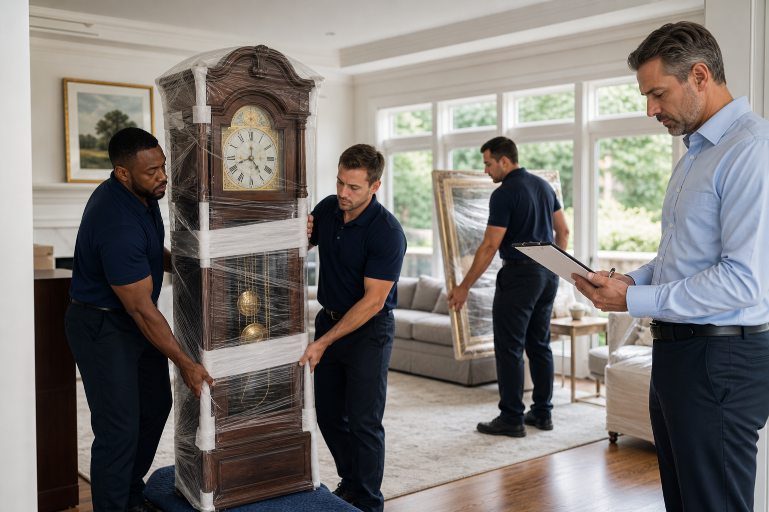 Professional moving crew in a high-end home carefully transporting a wrapped grandfather clock and artwork while a supervisor reviews an insurance checklist.
