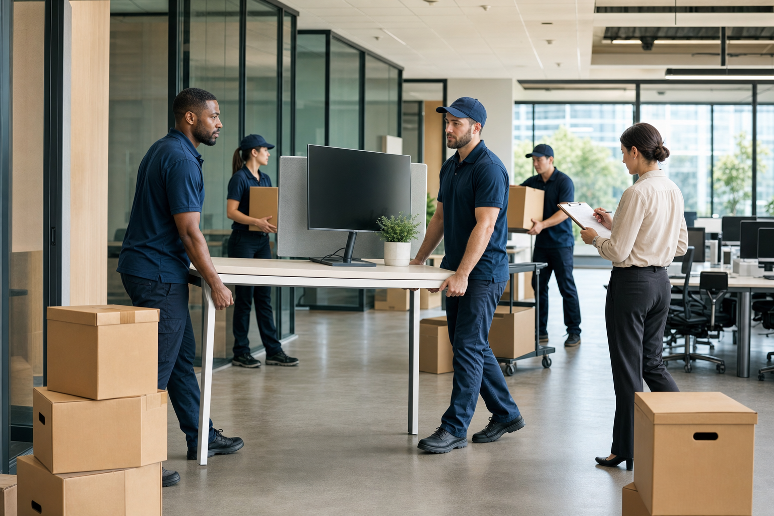 Professional moving crew relocating desks, monitors, and labeled boxes through a modern office while a supervisor reviews an inventory checklist.