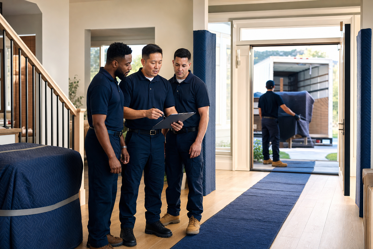 Moving company supervisor inside a home reviewing a property protection checklist with movers using floor runners and door-jamb pads.