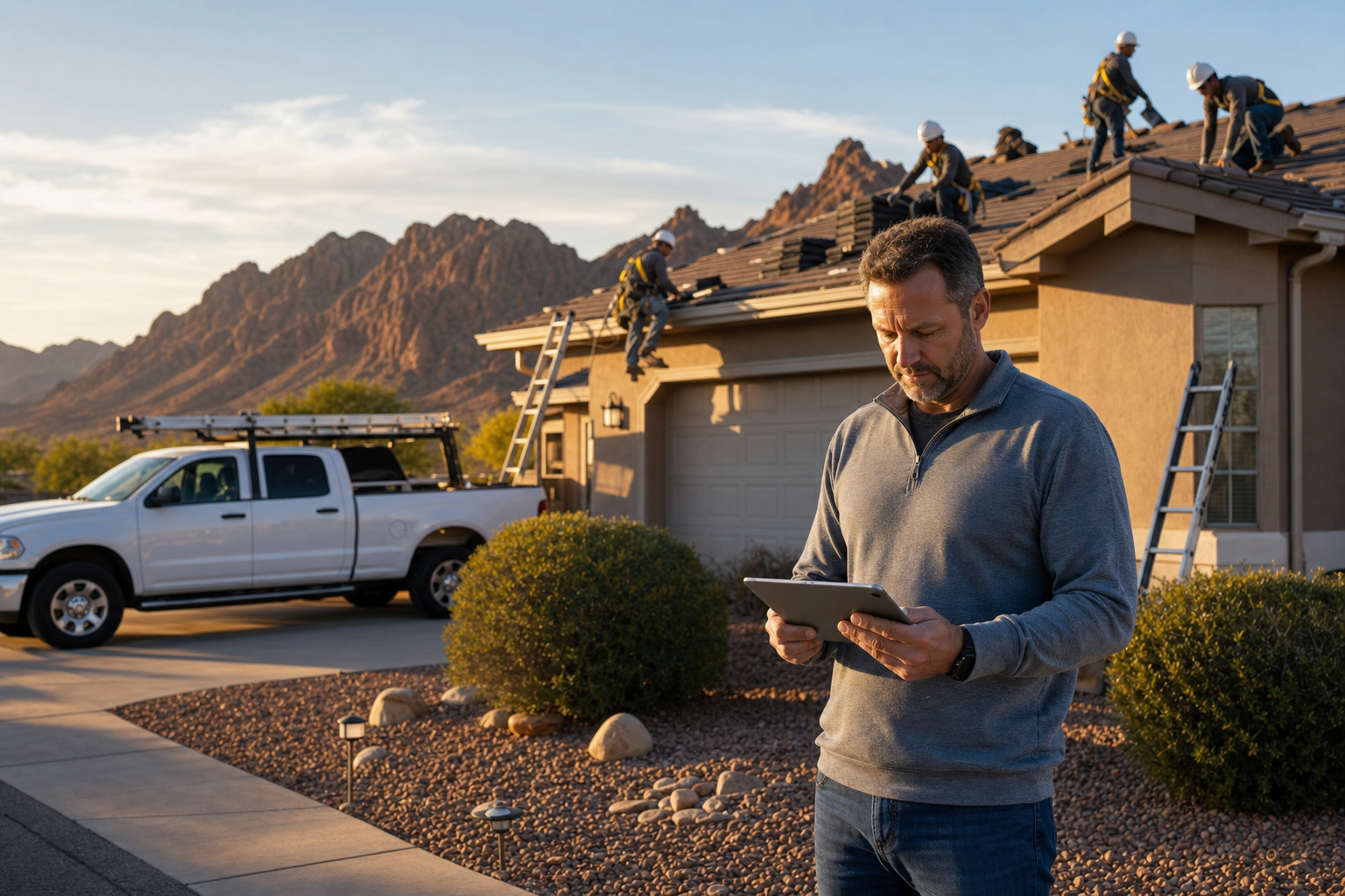 Arizona roofing crew in safety harnesses working on a residential roof while the owner reviews general liability insurance documents on a tablet beside white branded pickup trucks, with desert mountains in the background.