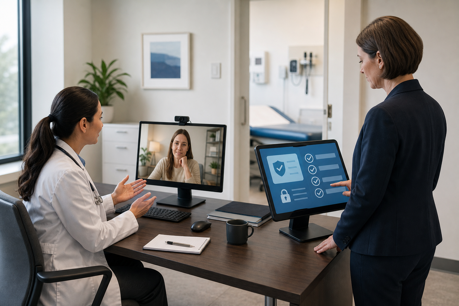 Telehealth provider conducting a virtual appointment while a healthcare administrator reviews cybersecurity and HIPAA response materials.