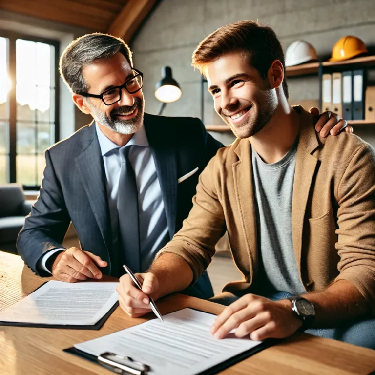 A professional insurance broker reviews documents with a contractor in a warm, welcoming office. The contractor looks relieved and confident, symbolizing a positive, supportive relationship. The office features construction-related elements like a helmet, blueprints, and a computer displaying insurance forms.