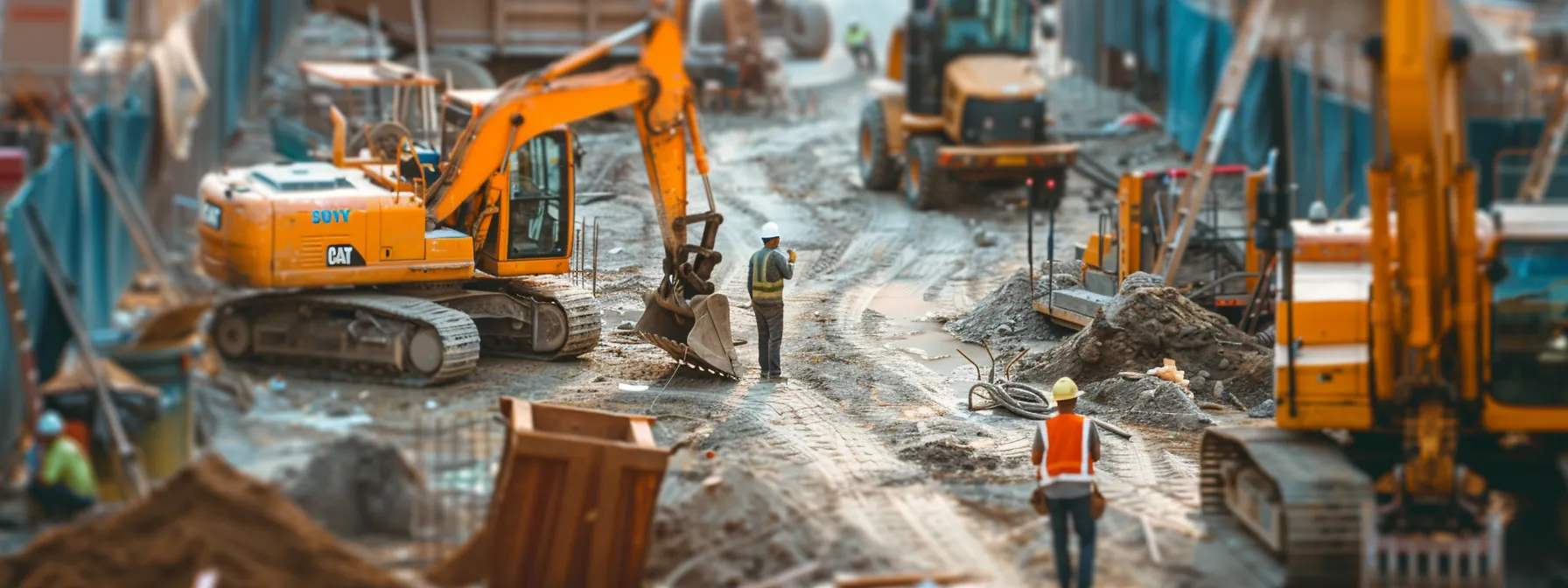 workers inspecting heavy equipment on a construction site, surrounded by construction machinery and tools.