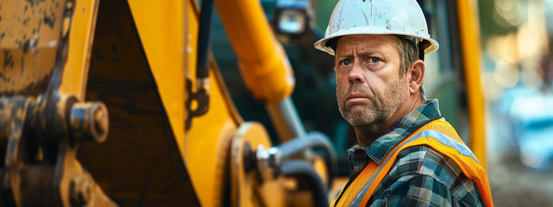 a construction worker standing next to a backhoe, looking worried as he checks on the equipment.