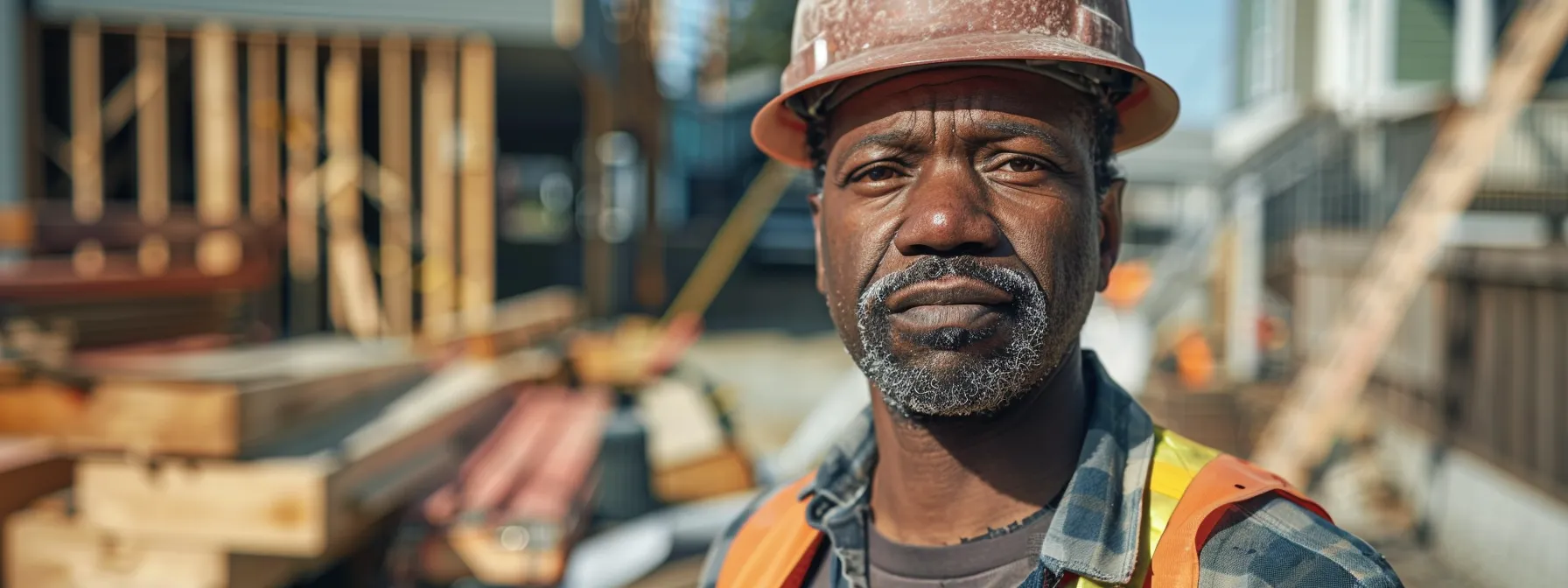 a construction worker standing confidently on a job site, surrounded by tools and equipment, with a look of determination on his face.