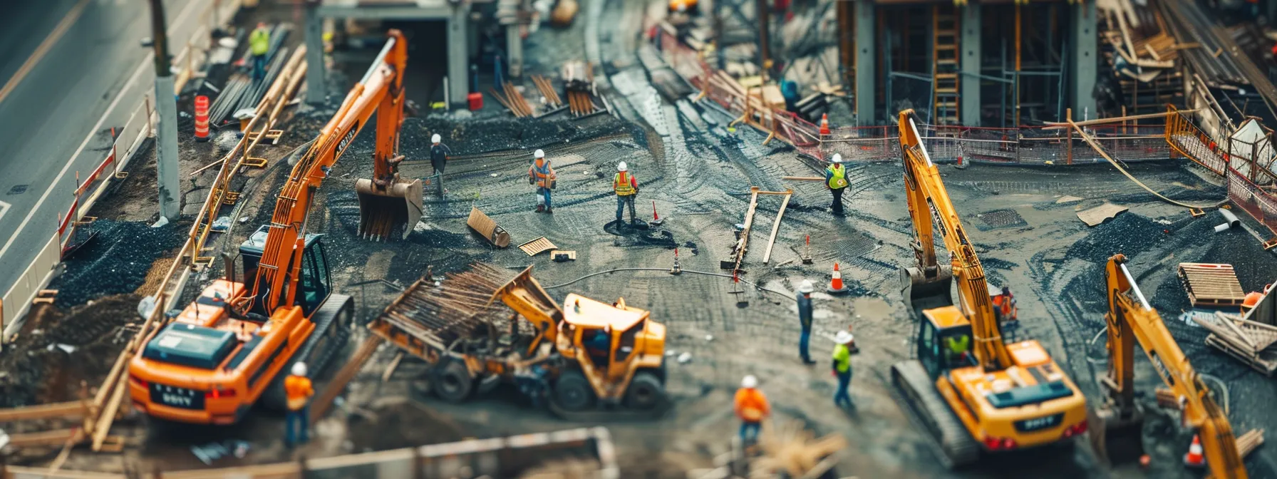 a construction site bustling with heavy equipment and workers, all protected by insurance coverage.