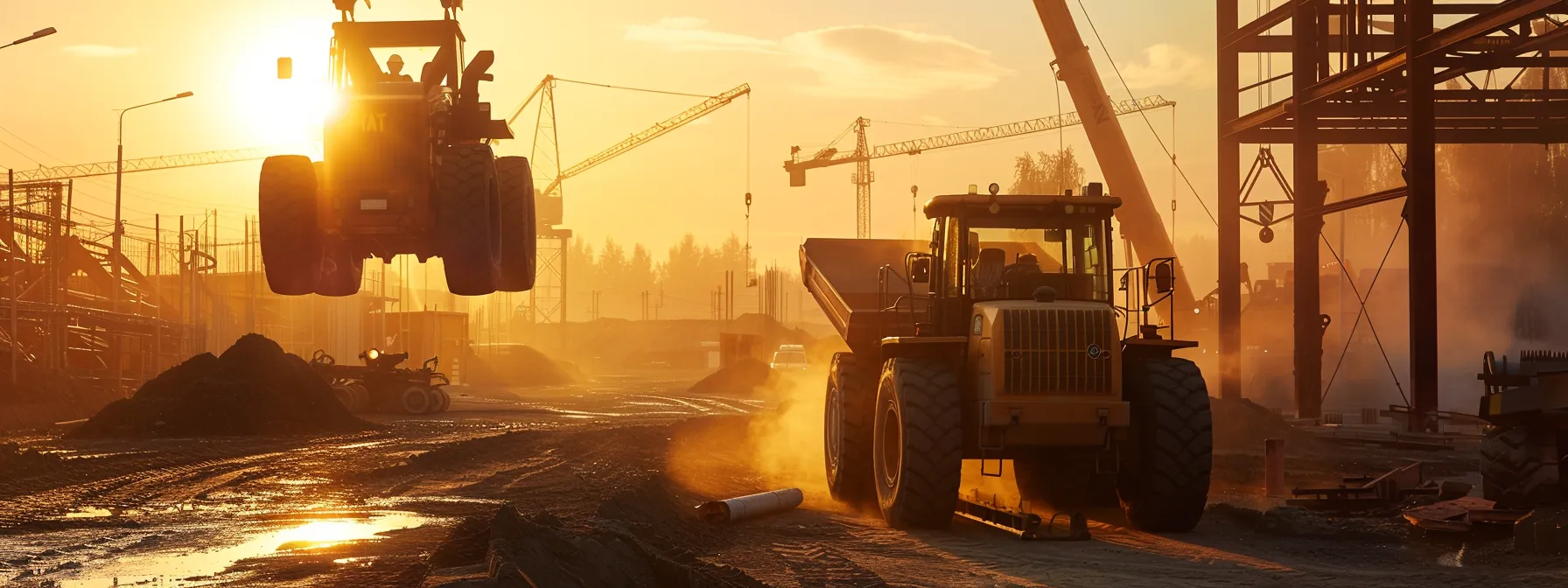 a construction site with heavy machinery being lifted by a loader at sunrise, covered by a comprehensive insurance policy.