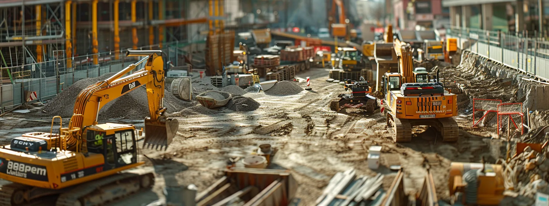 a construction site with various equipment and machinery lined up, ready for work.